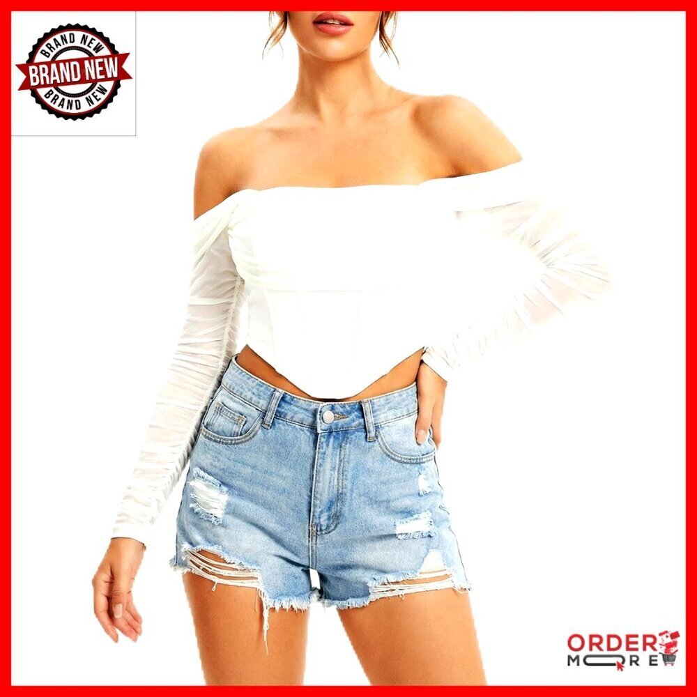 Long Sleeve Corset Top Off Shoulder Y2K Retro Bustier Crop Top for Women